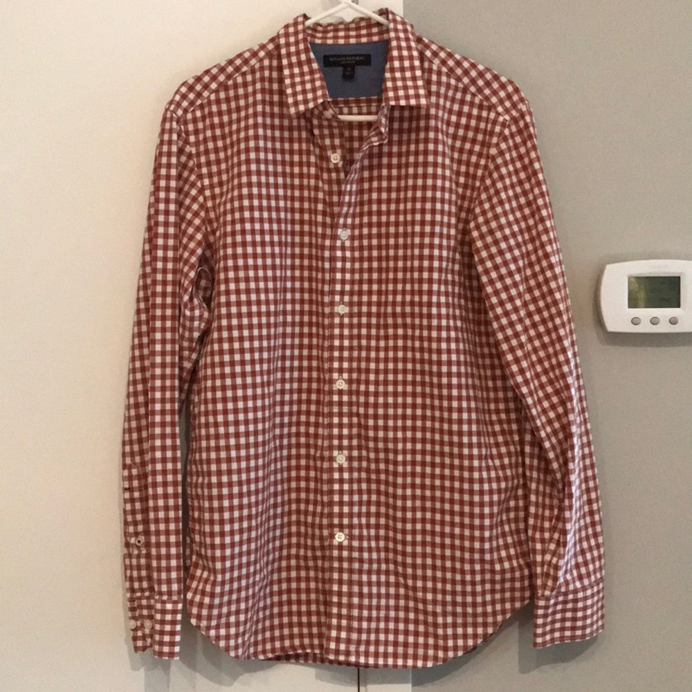 {BR} men’s red/orange + white gingham button down